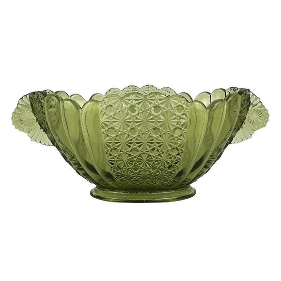 Vintage Early Fenton Glass Green Oval Bowl Daisy And Button With Panels READ - Picture 3 of 11